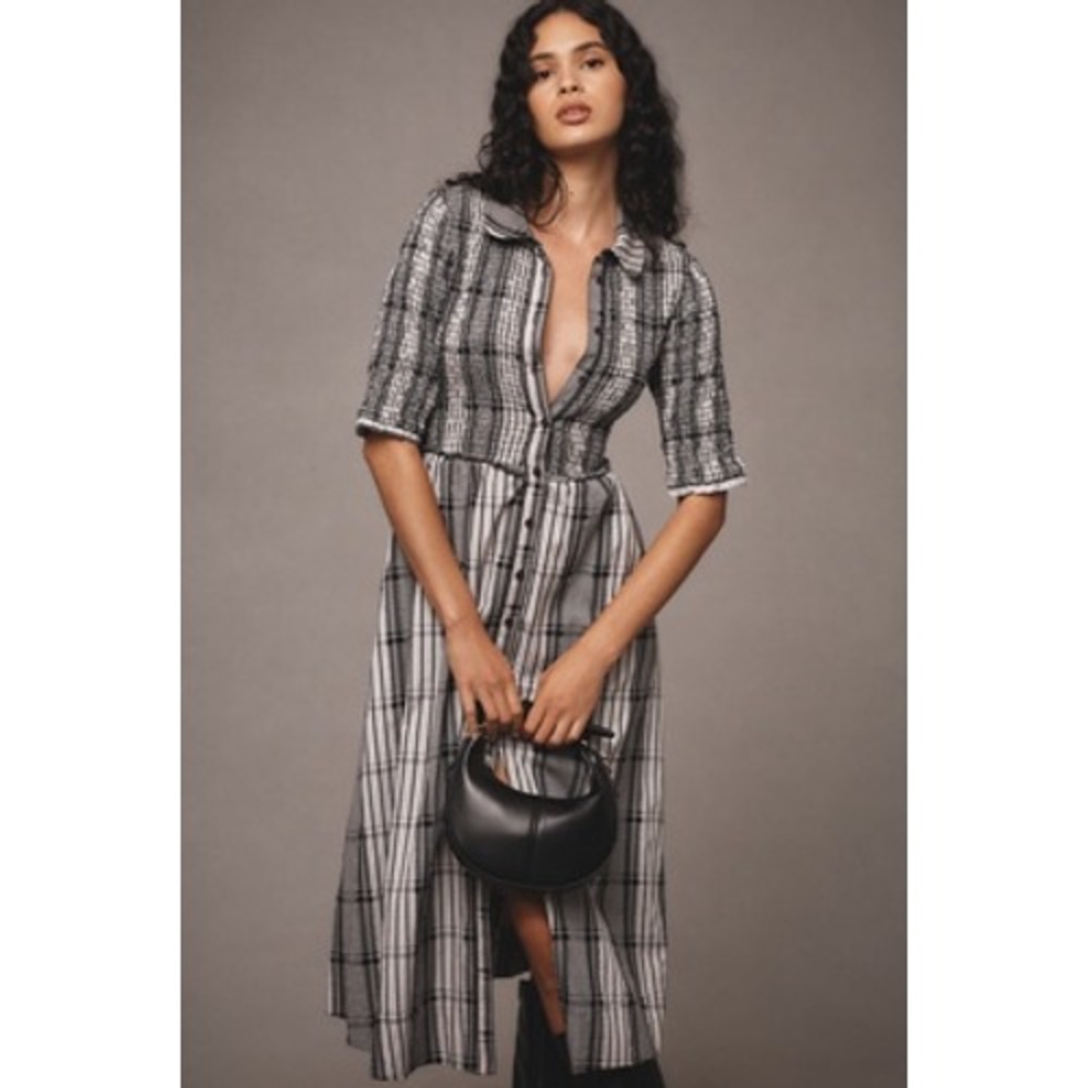 Maeve Anthropologie Plaid Smocked Midi Shirt Dress Black White XL Short Sleeve